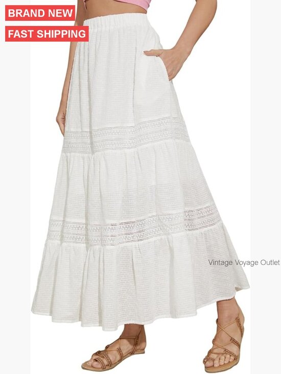 Dresses & Skirts - Boho Maxi Skirt with Pockets, Elastic Waist, Lace Tiered A-Line